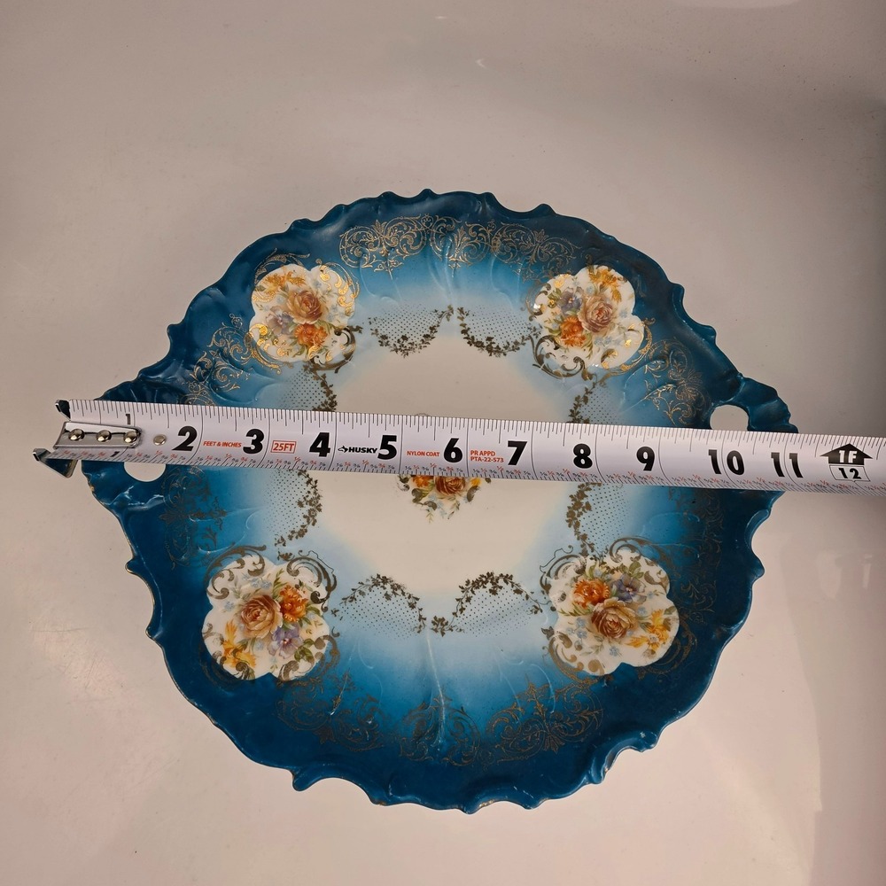 Antique German Porcelain Bowl Teal Blue Ombre Roses Gold Scrollwork Crown Mark - Picture 8 of 9